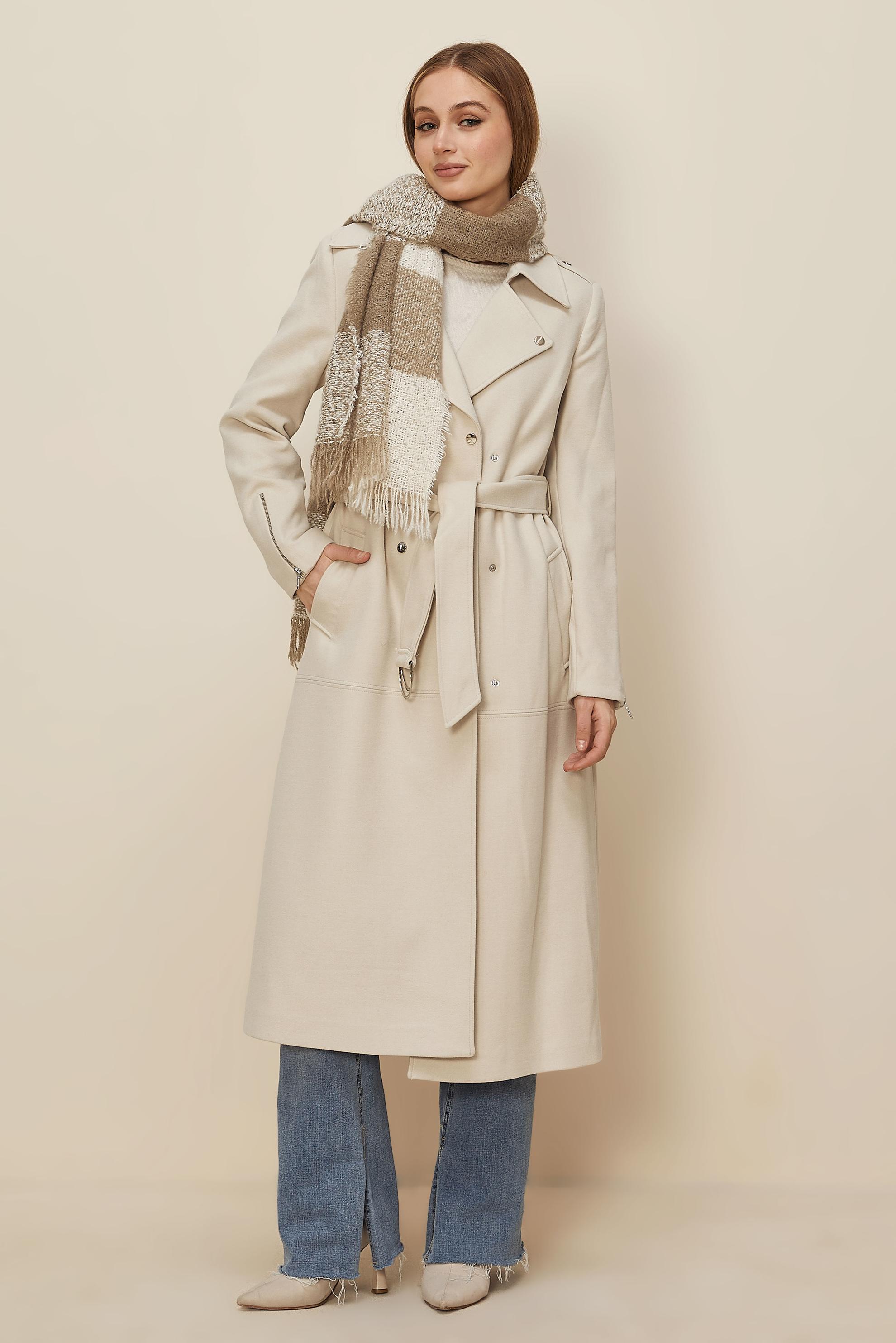 Tesettür giyim EKRU KEMERLİ KAŞE KABAN 90603