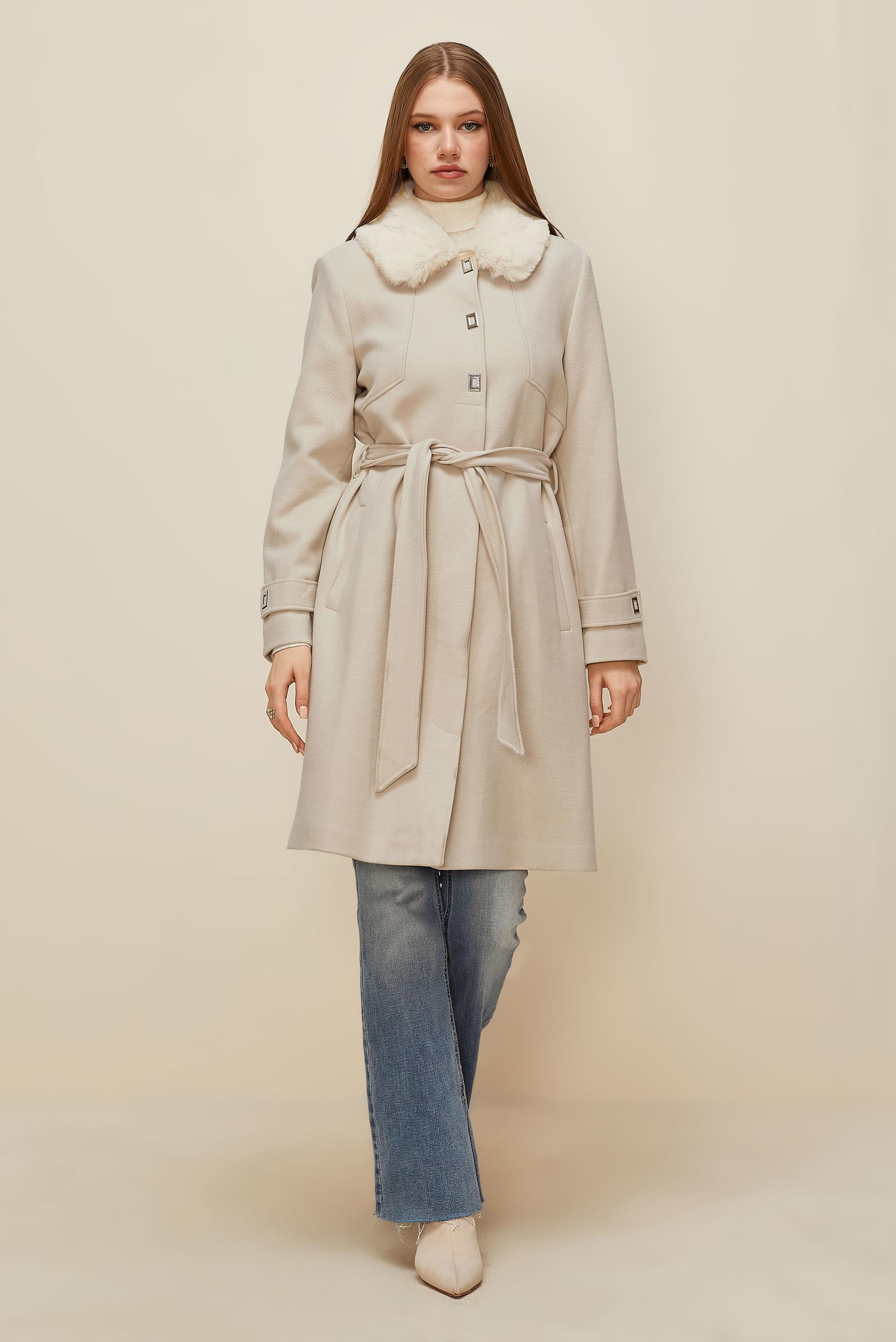 Hijab clothing BEIGE FUR DETAILED COAT 90604