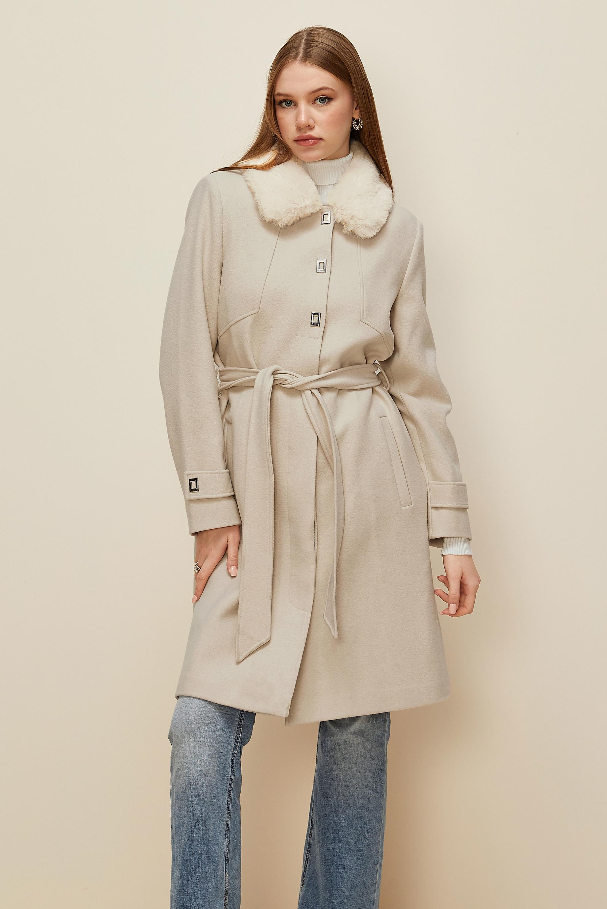 Hijab clothing BEIGE FUR DETAILED COAT 90604