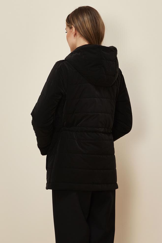 Tesettür giyim SİYAH KAPÜŞONLU KÜRK DETAYLI KAPİTONE KABAN 90606 - ALVİNA