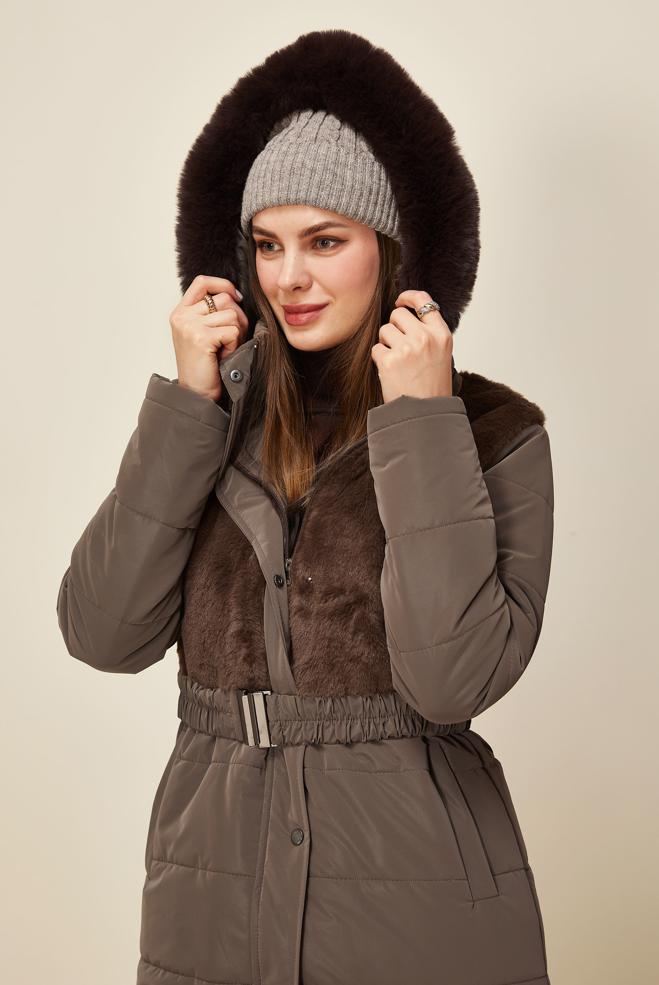 Tesettür giyim KAHVE KEMERLİ KABAN 90607 - ALVİNA