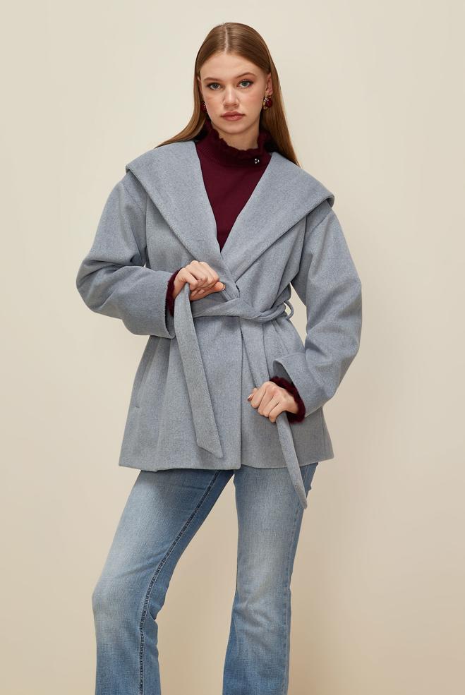 Vêtements hijab GRIS MANTEAU CACHET CEINTURÉ 90609 - ALVİNA