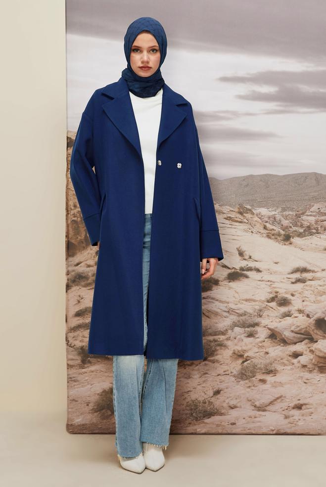 Vêtements hijab BLEU MANTEAU CACHET 90610 - ALVİNA