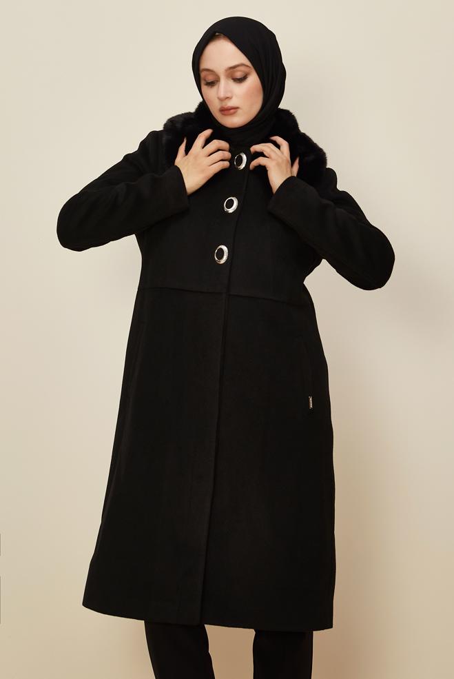 Hijab clothing BLACK FAUX-FUR DETAILED CACHE COAT 90612 - ALVİNA