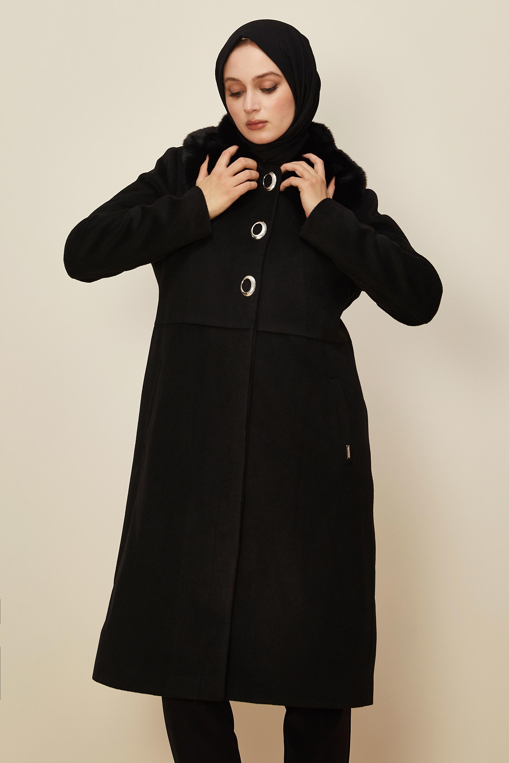 Hijab clothing BLACK FAUX-FUR DETAILED CACHE COAT 90612