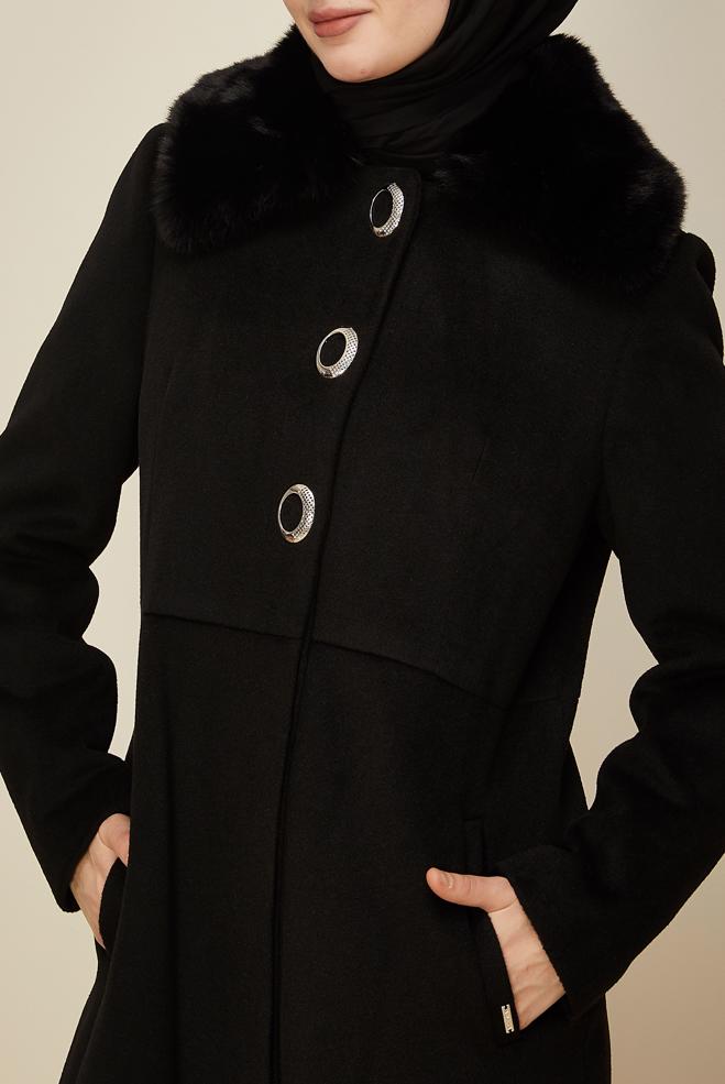 Hijab clothing BLACK FAUX-FUR DETAILED CACHE COAT 90612 - ALVİNA