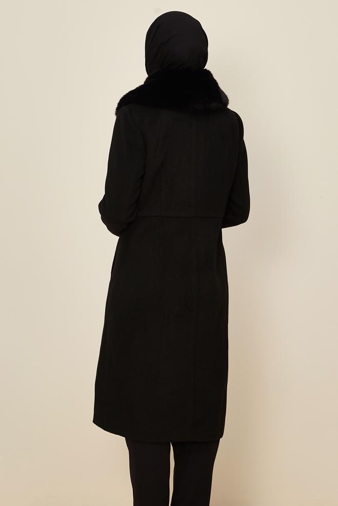 Hijab clothing BLACK FAUX-FUR DETAILED CACHE COAT 90612 - ALVİNA