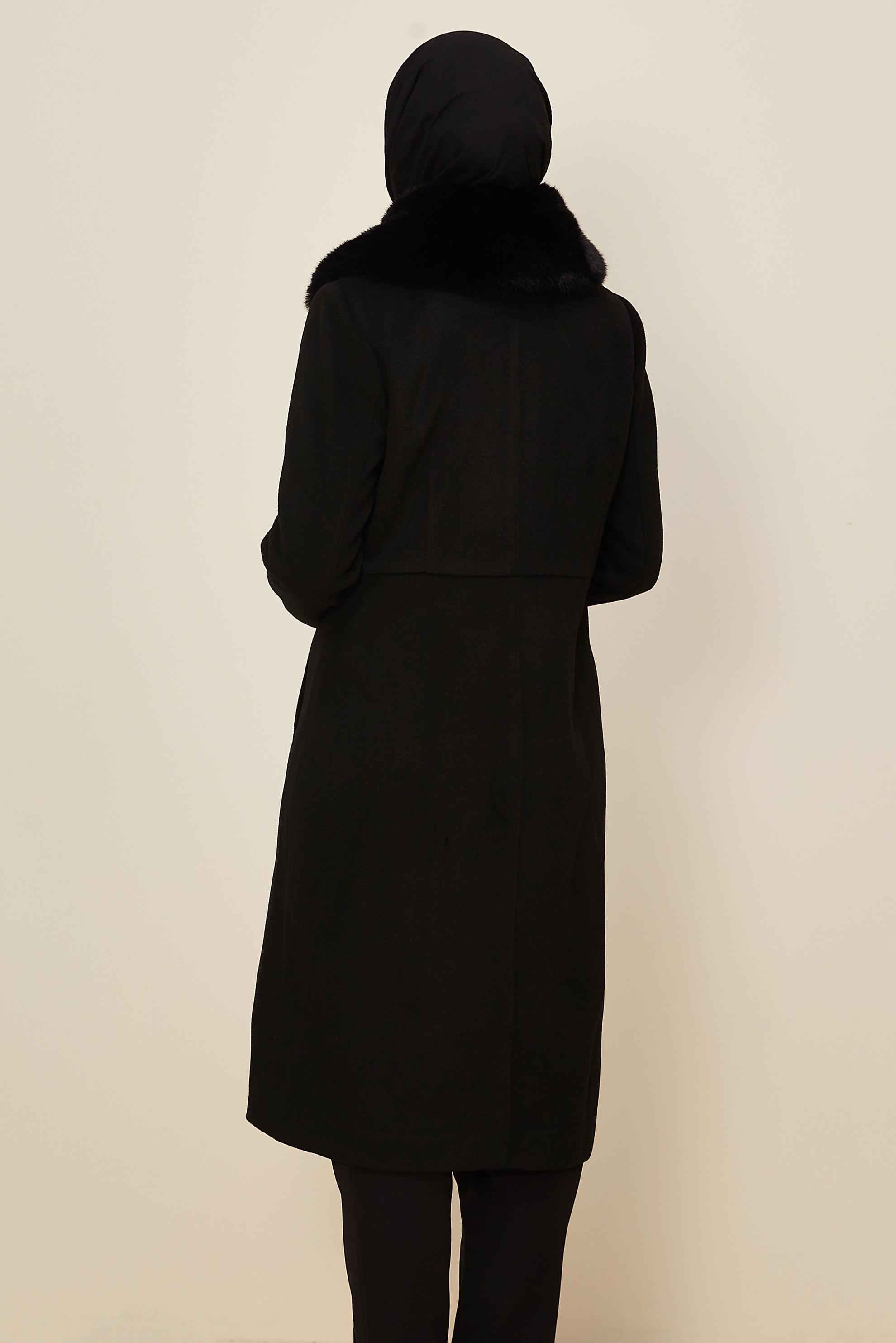 Hijab clothing BLACK FAUX-FUR DETAILED CACHE COAT 90612