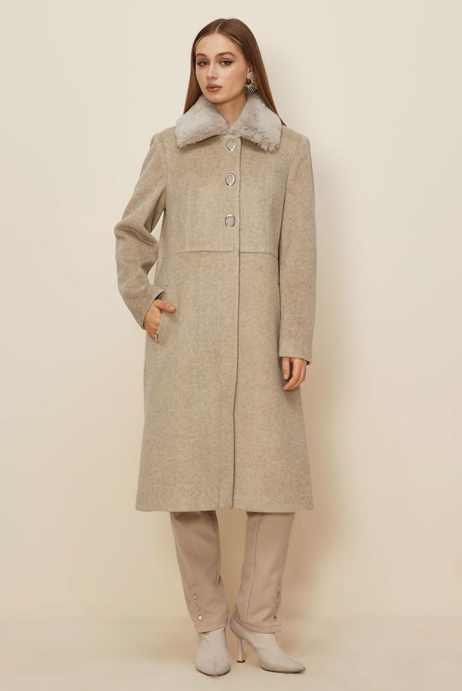 Hijab clothing BEIGE FAUX-FUR DETAILED CACHE COAT 90612 - ALVİNA