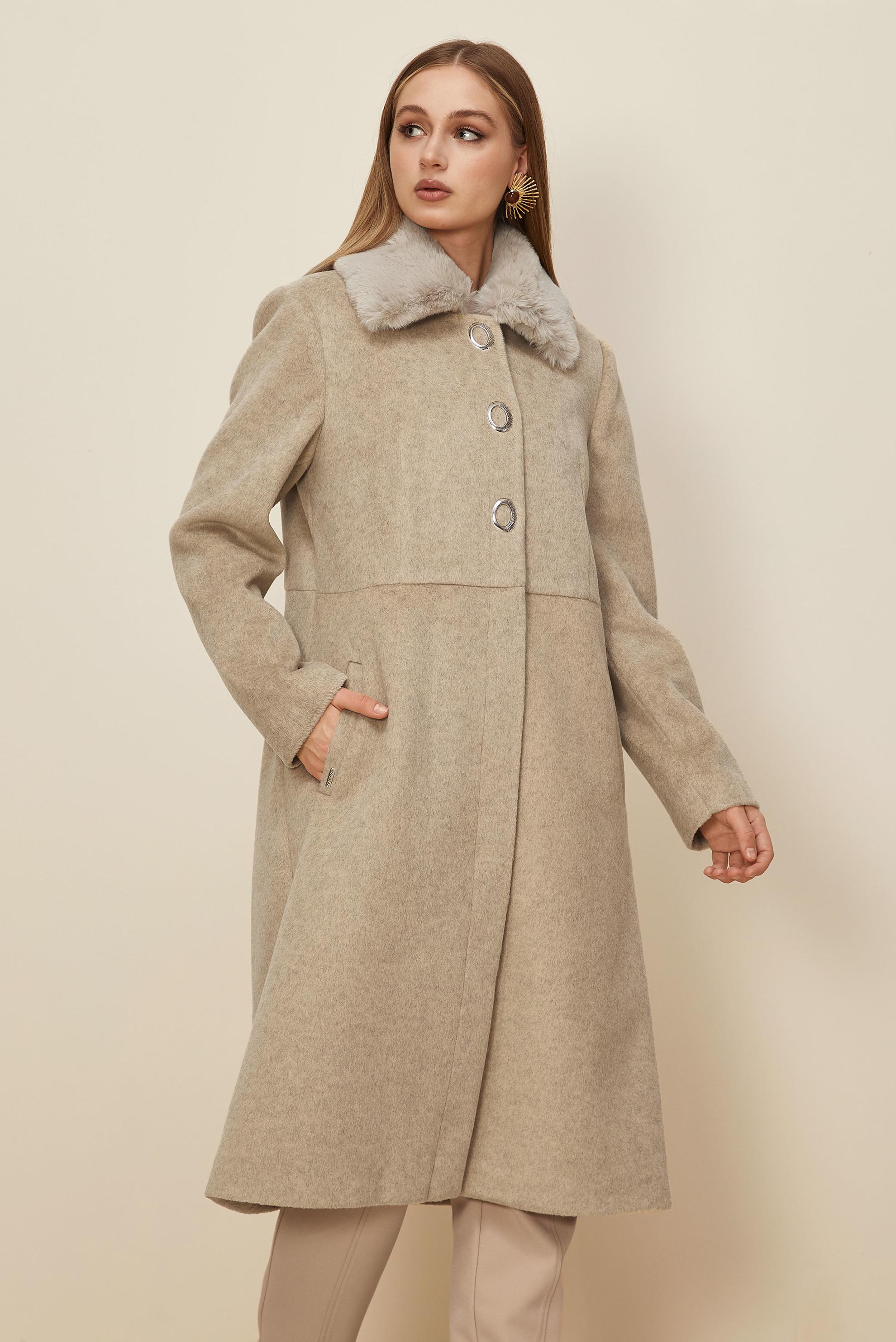 Tesettür giyim BEJ SUNİ KÜRK DETAYLI KAŞE KABAN 90612