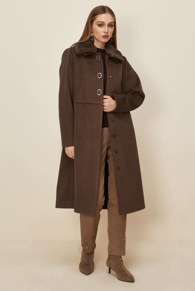 Hijab clothing BROWN FAUX-FUR DETAILED CACHE COAT 90612 - ALVİNA