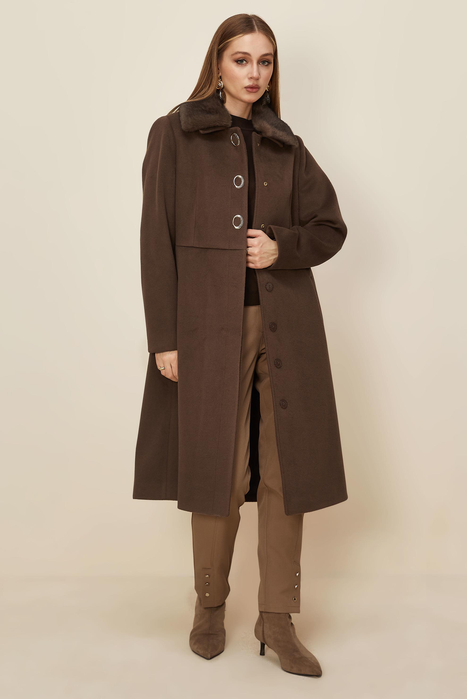 Hijab clothing BROWN FAUX-FUR DETAILED CACHE COAT 90612