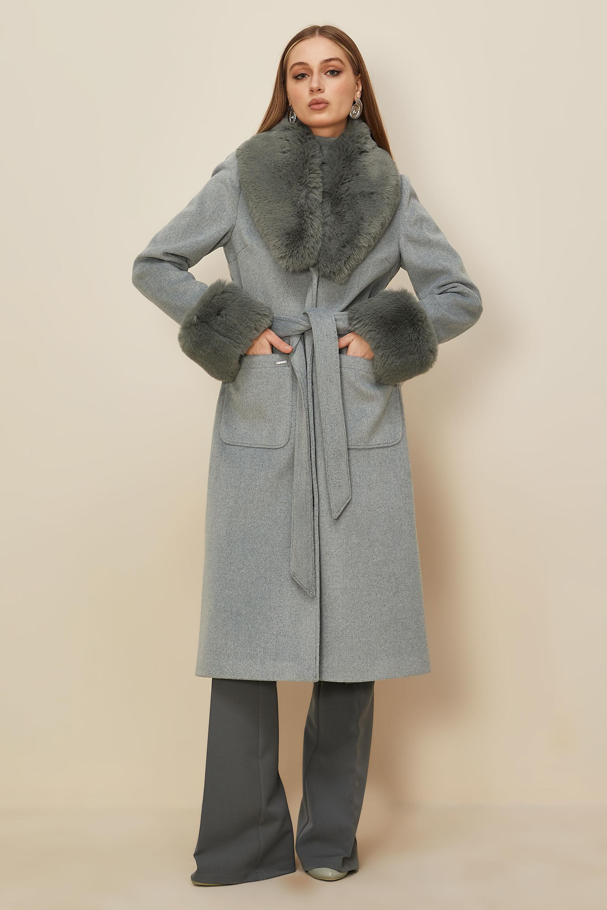 Hijab clothing GREY BELTED FAUX-FUR DETAILED COAT 90613