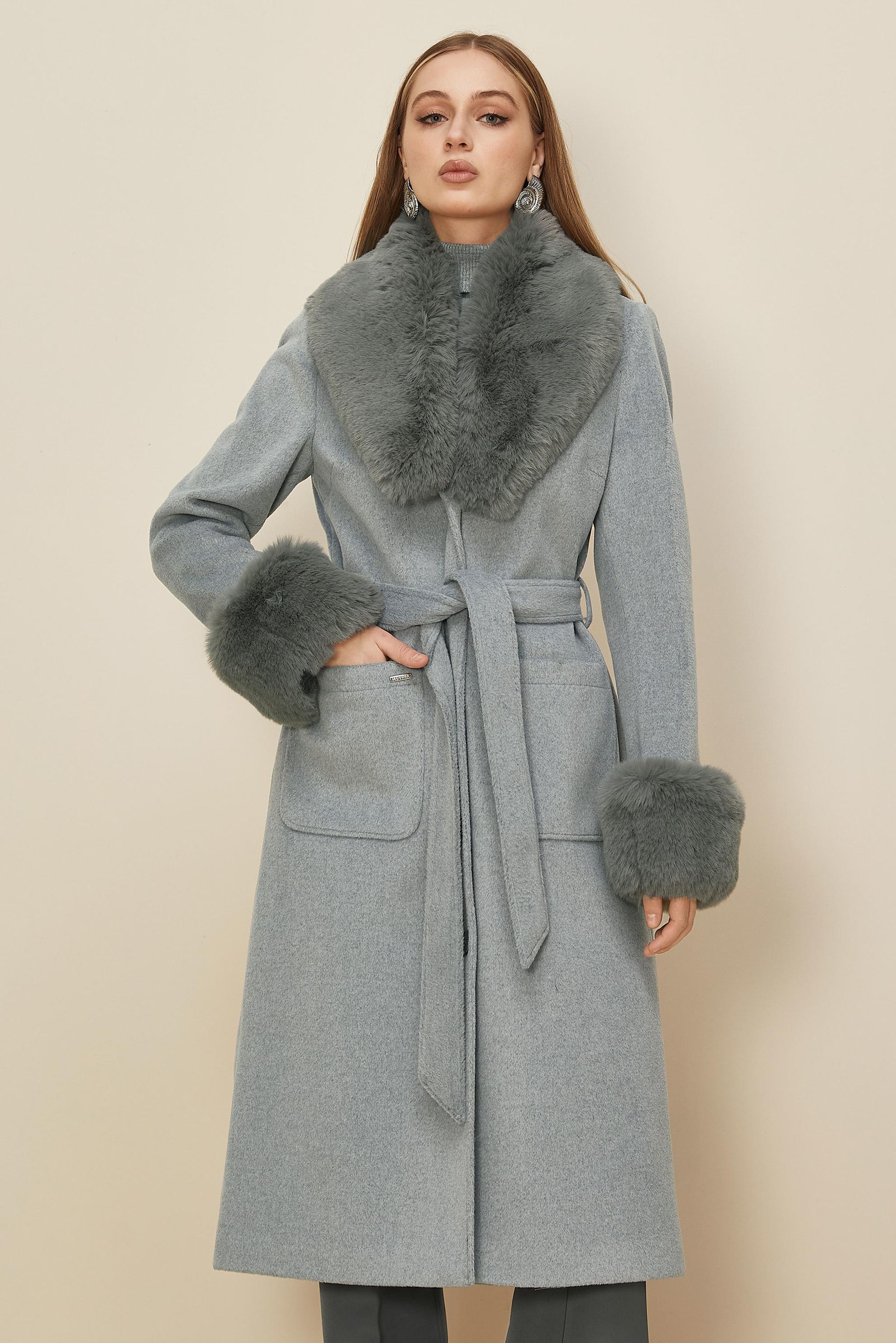 Hijab clothing GREY BELTED FAUX-FUR DETAILED COAT 90613
