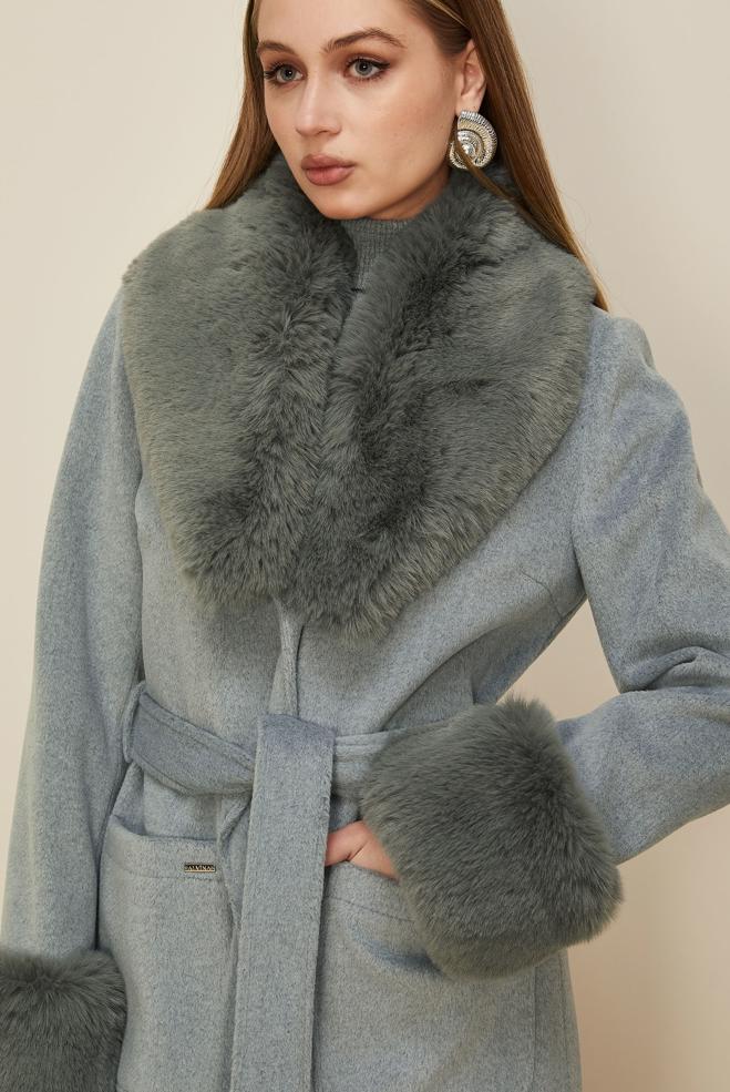 Hijab clothing GREY BELTED FAUX-FUR DETAILED COAT 90613 - ALVİNA