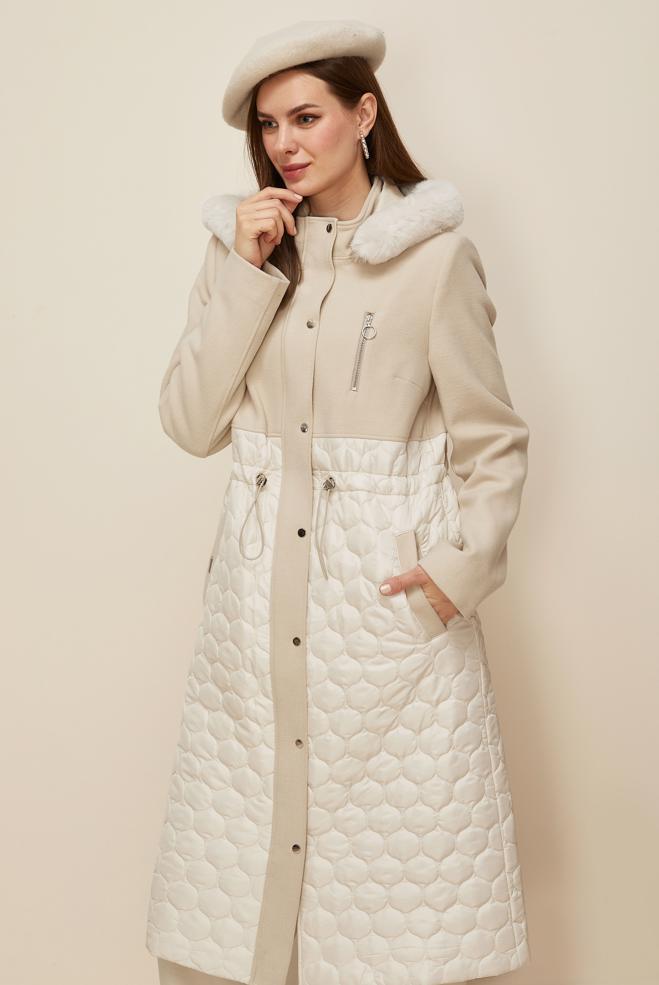 Tesettür giyim BEJ KAPÜŞONLU BELİ BÜZGÜLÜ KABAN 90614 - ALVİNA