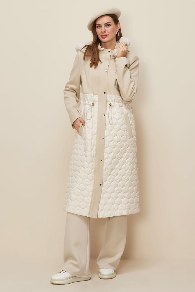 Tesettür giyim BEJ KAPÜŞONLU BELİ BÜZGÜLÜ KABAN 90614 - ALVİNA