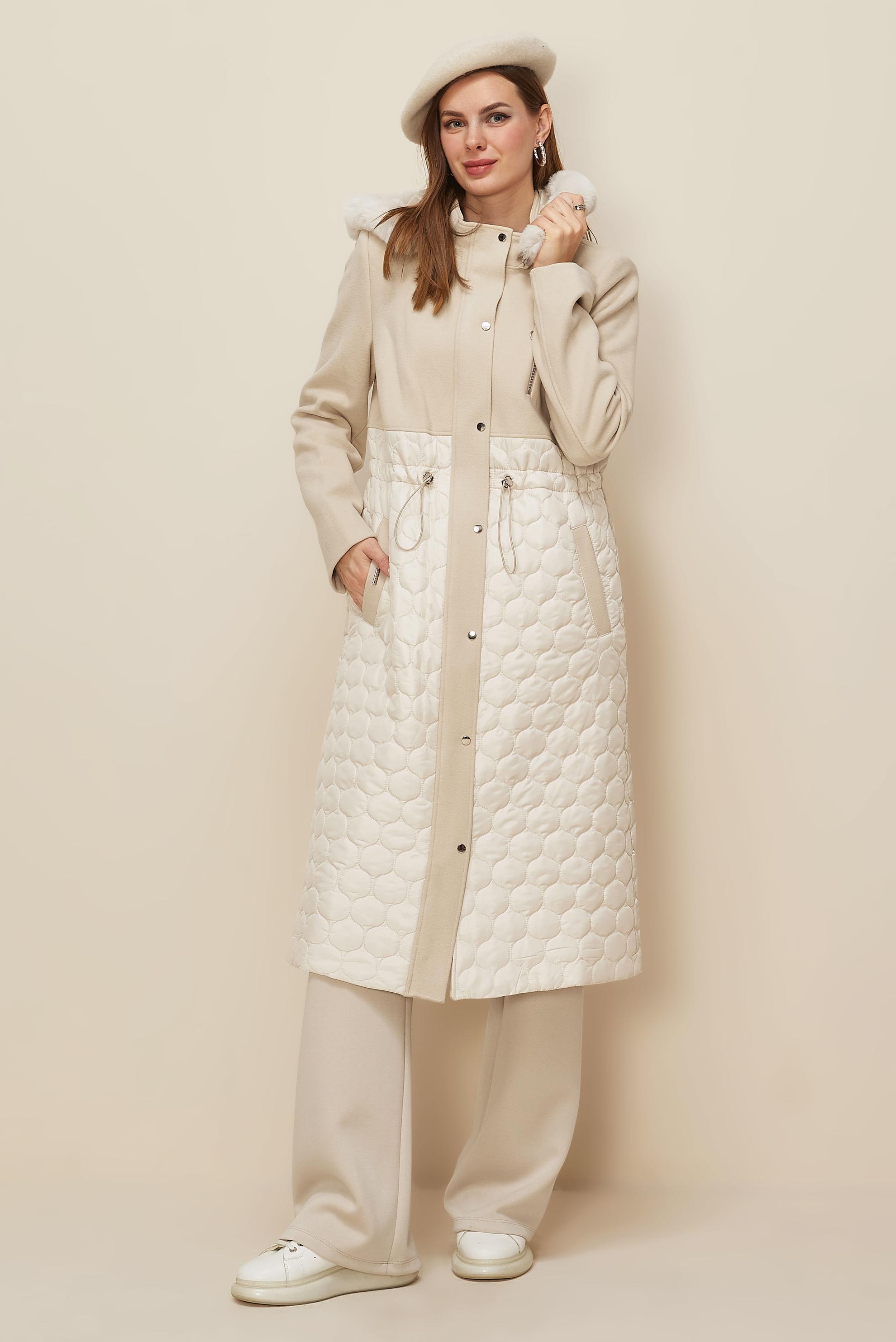 Tesettür giyim BEJ KAPÜŞONLU BELİ BÜZGÜLÜ KABAN 90614