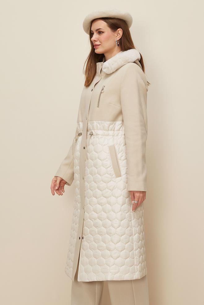 Tesettür giyim BEJ KAPÜŞONLU BELİ BÜZGÜLÜ KABAN 90614 - ALVİNA