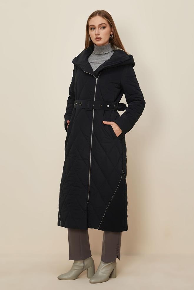 Hijab clothing NAVY BLUE BELTED QUILTED COAT 90615 - ALVİNA