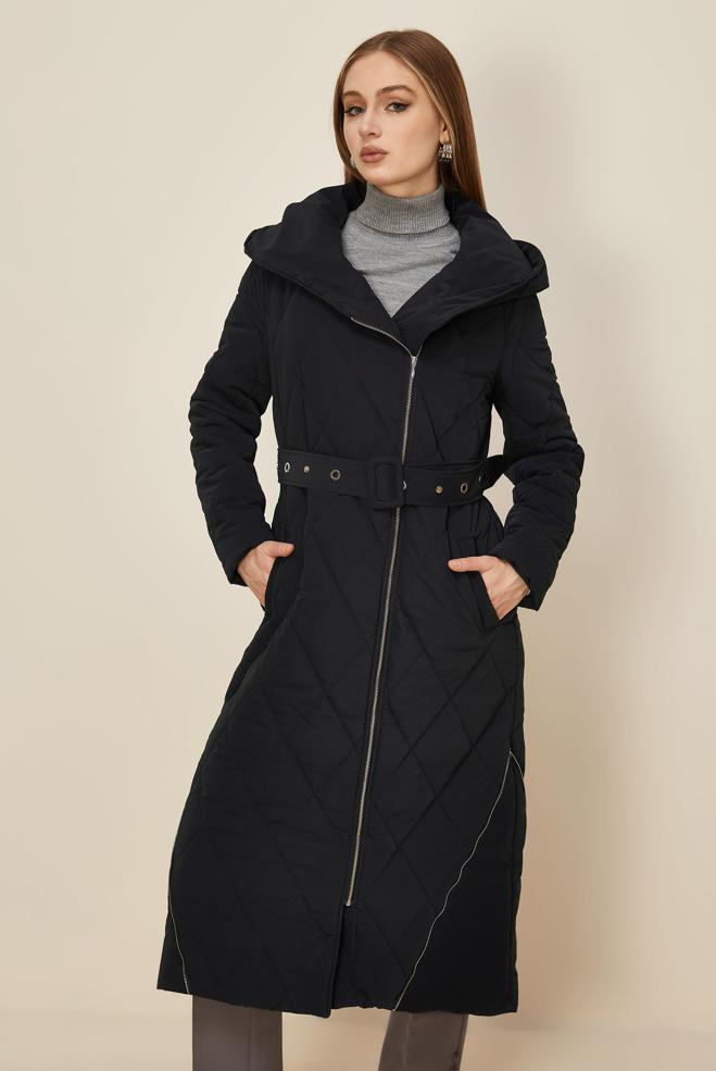 Hijab clothing NAVY BLUE BELTED QUILTED COAT 90615 - ALVİNA
