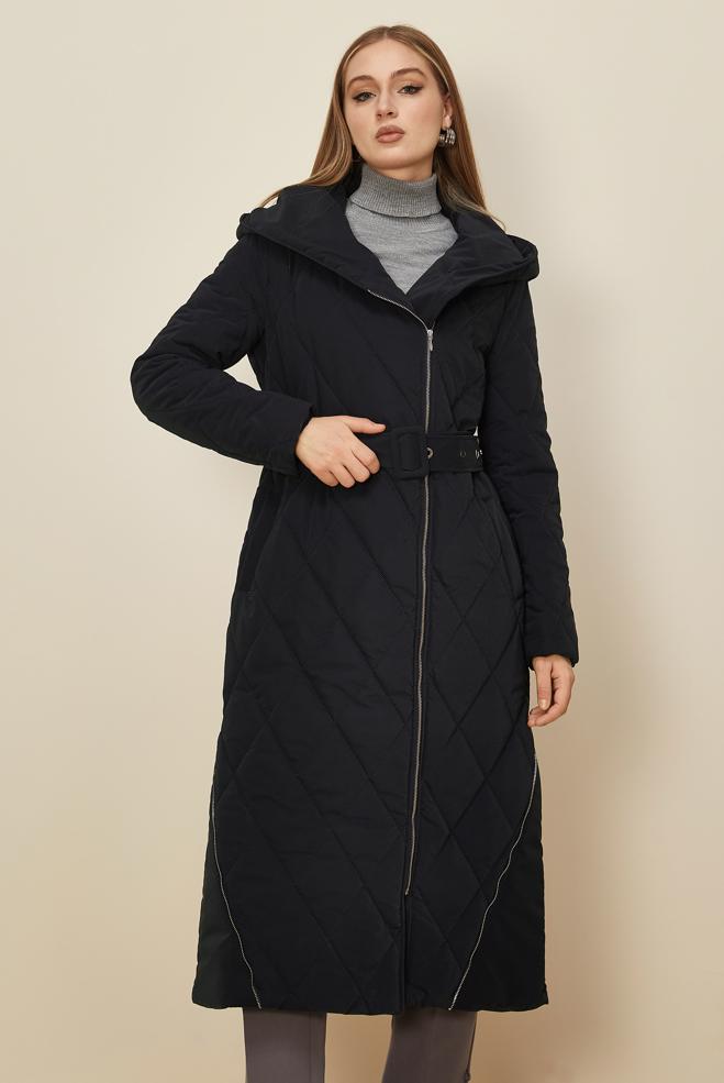 Hijab clothing NAVY BLUE BELTED QUILTED COAT 90615 - ALVİNA