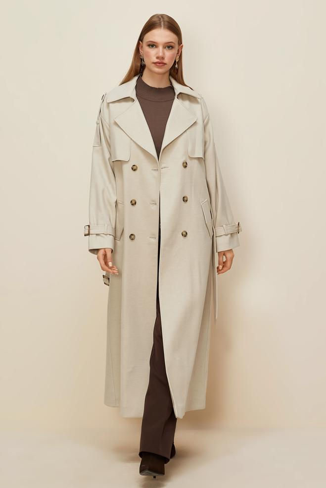 Tesettür giyim BEJ KEMERLİ MANTO 90616 - ALVİNA