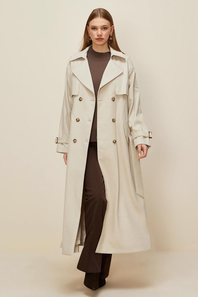 Tesettür giyim BEJ KEMERLİ MANTO 90616 - ALVİNA