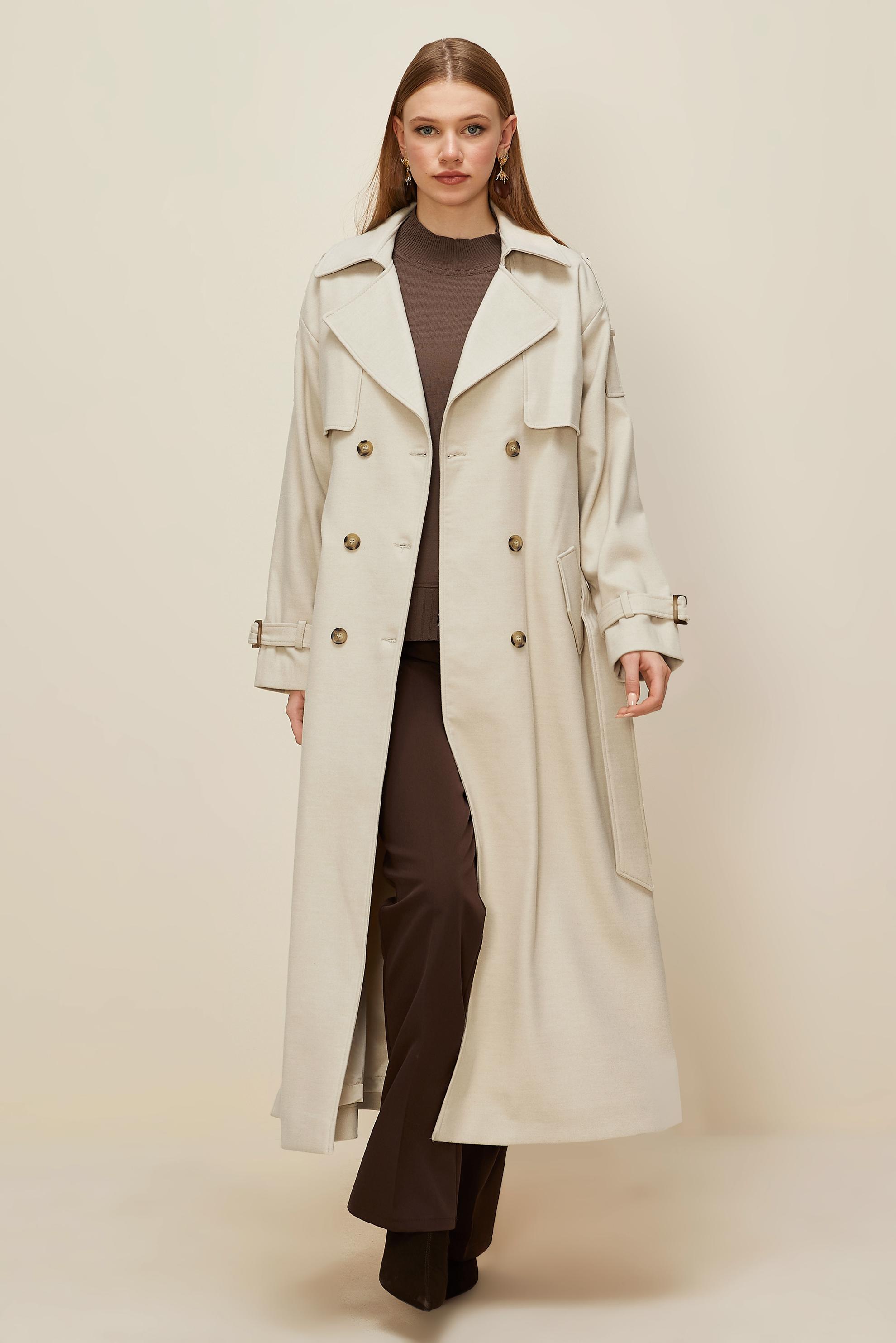 Tesettür giyim BEJ KEMERLİ MANTO 90616