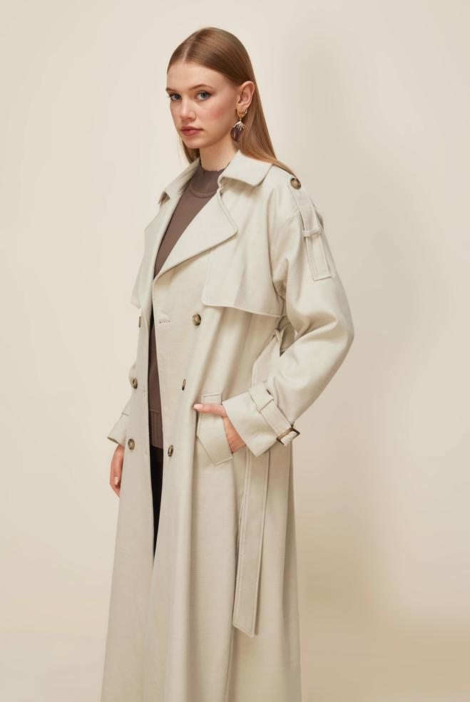 Tesettür giyim BEJ KEMERLİ MANTO 90616 - ALVİNA