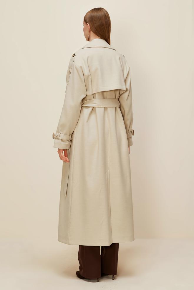 Tesettür giyim BEJ KEMERLİ MANTO 90616 - ALVİNA