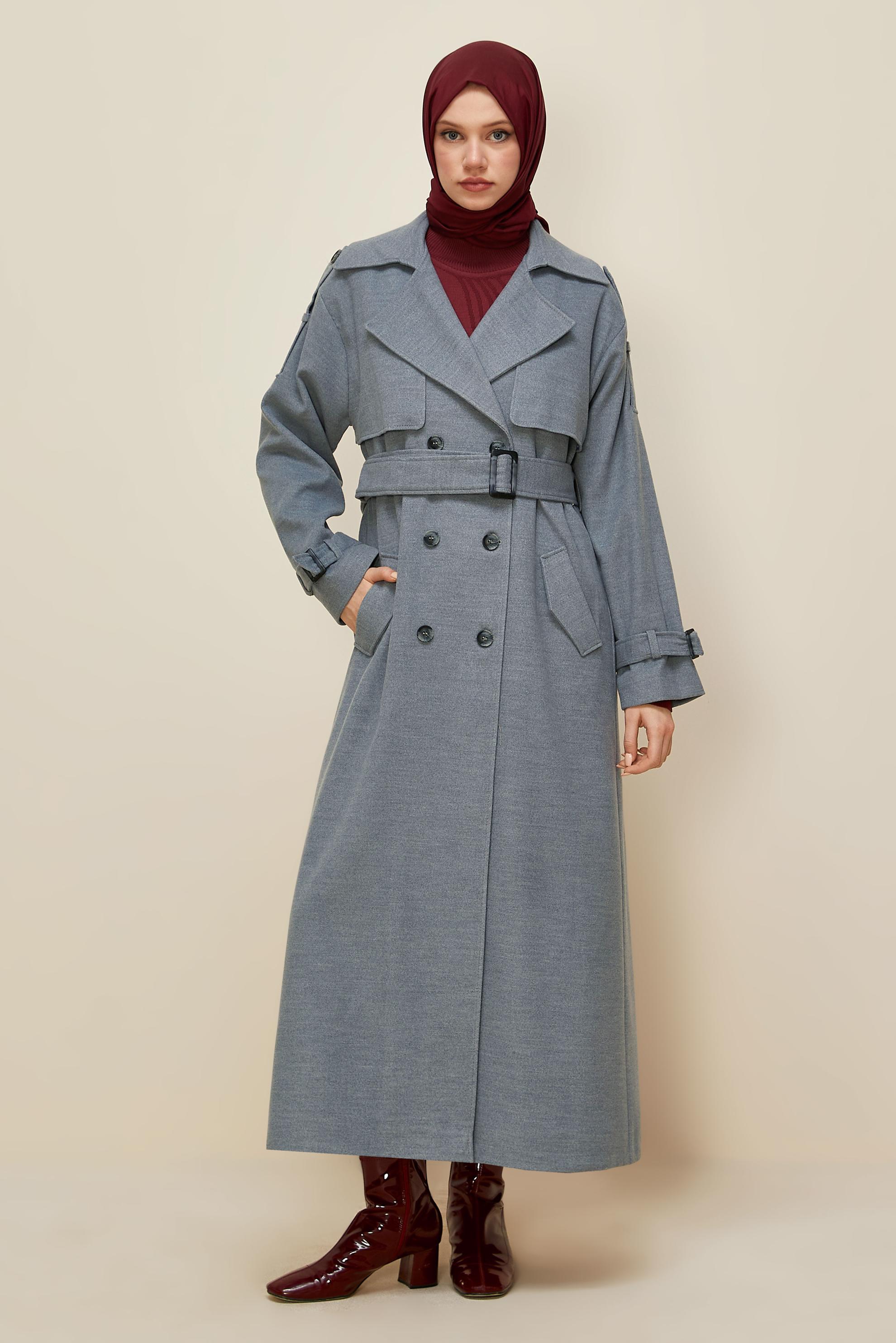 Tesettür giyim GRİ KEMERLİ MANTO 90616