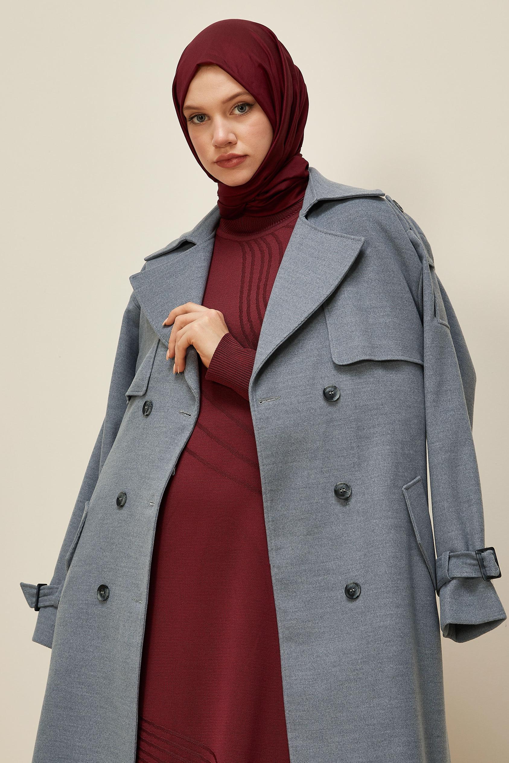 Tesettür giyim GRİ KEMERLİ MANTO 90616