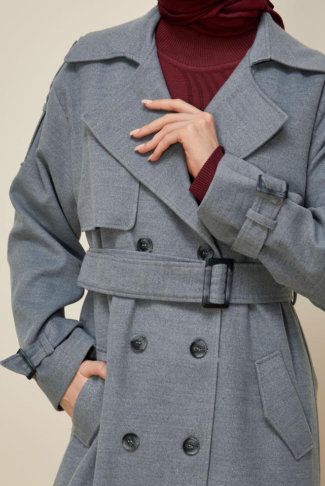 Tesettür giyim GRİ KEMERLİ MANTO 90616 - ALVİNA