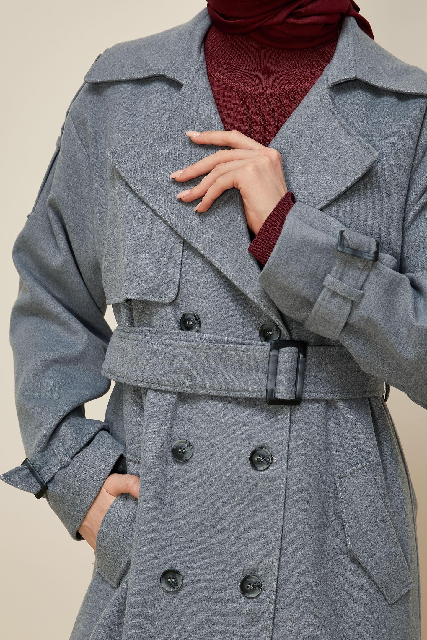 Tesettür giyim GRİ KEMERLİ MANTO 90616