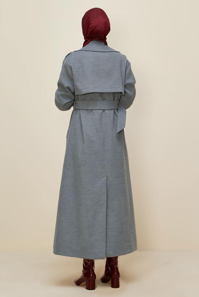 Tesettür giyim GRİ KEMERLİ MANTO 90616 - ALVİNA