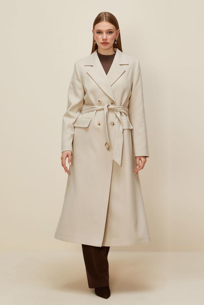 Vêtements hijab ÉCRUE MANTEAU CACHE CEINTURÉ 90617 - ALVİNA