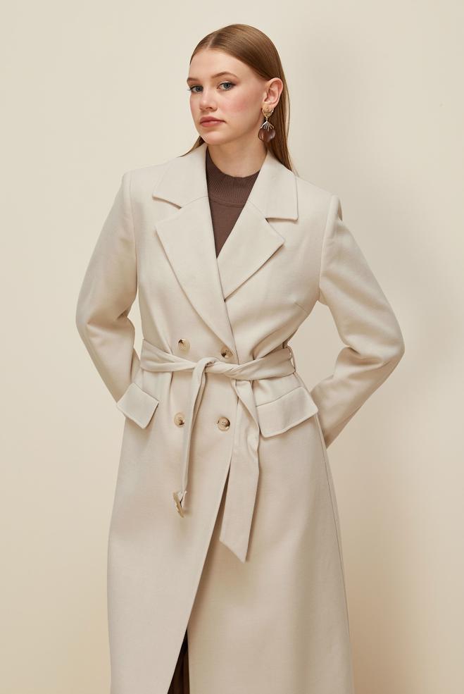 Vêtements hijab ÉCRUE MANTEAU CACHE CEINTURÉ 90617 - ALVİNA