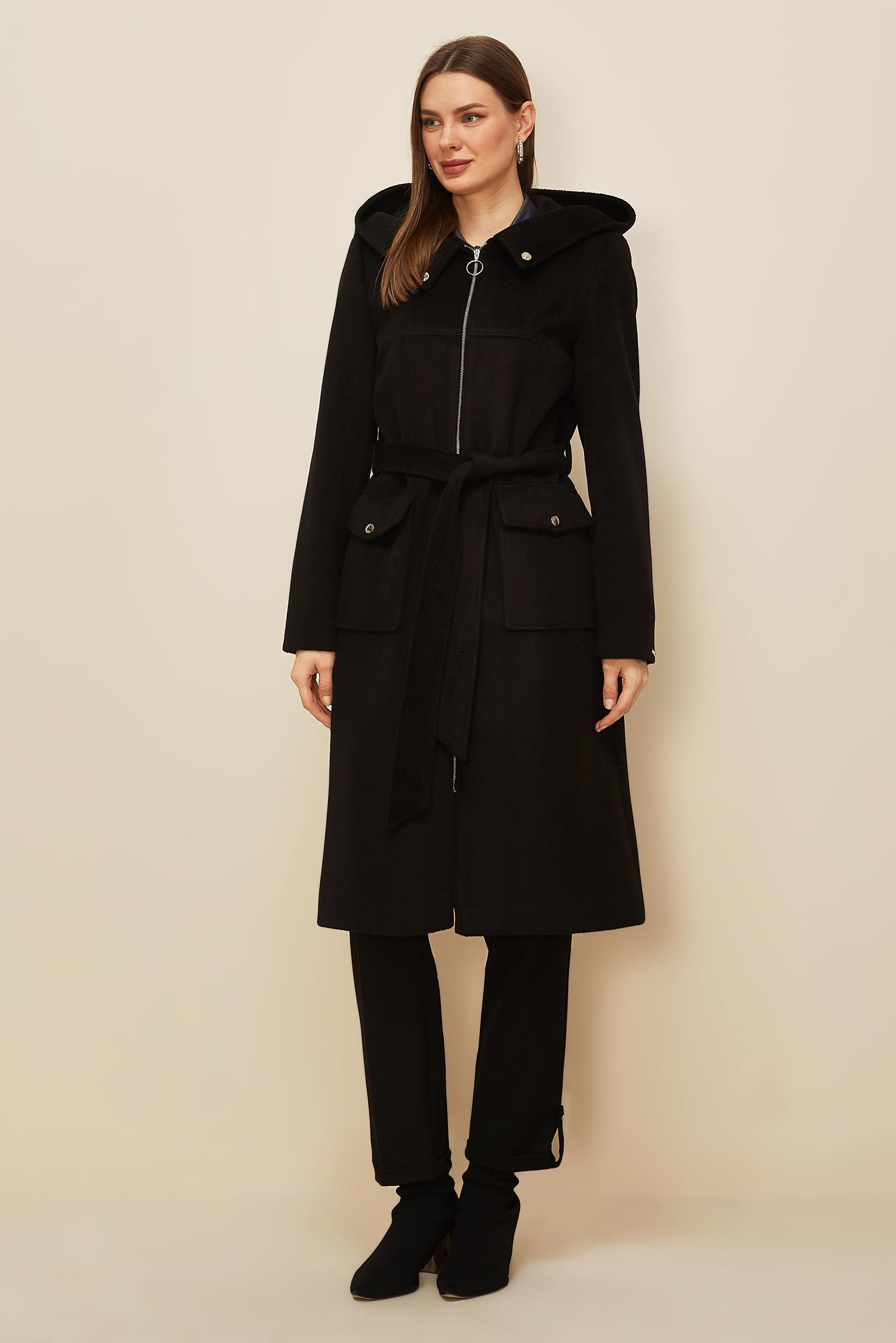 Tesettür giyim SİYAH KUŞAKLI KAPÜŞONLU KAŞE KABAN 90628