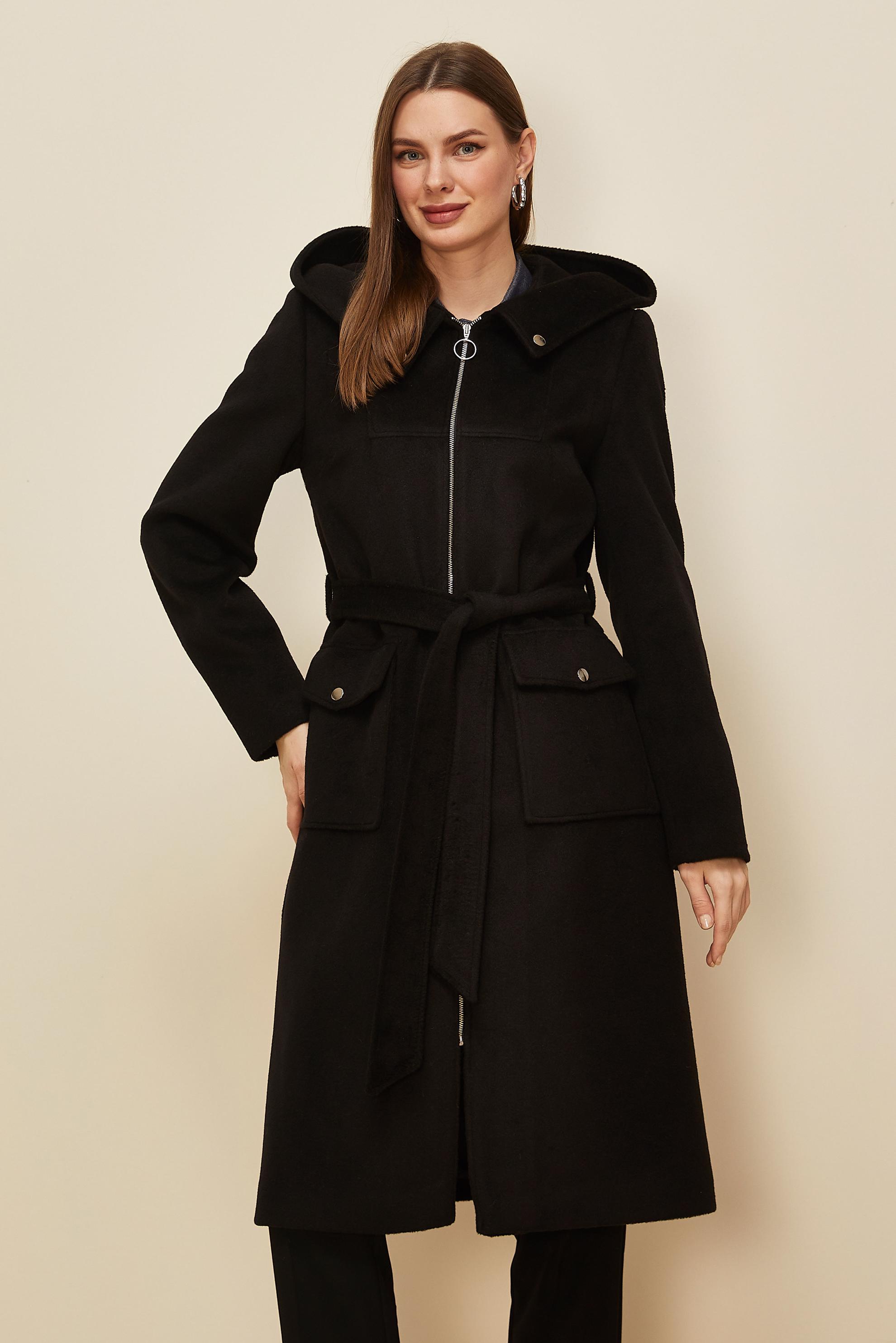 Tesettür giyim SİYAH KUŞAKLI KAPÜŞONLU KAŞE KABAN 90628