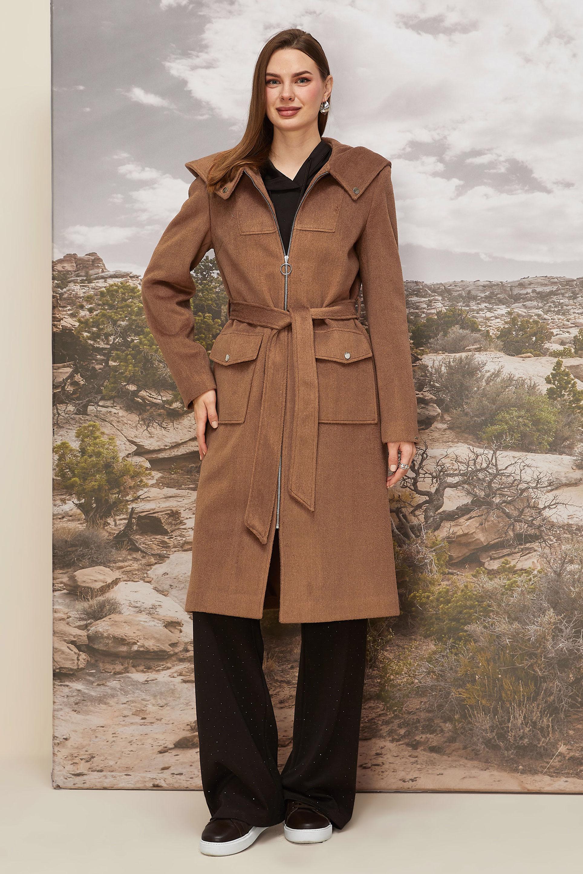Hijab clothing BROWN BELTED HOODED CACHE COAT 90628