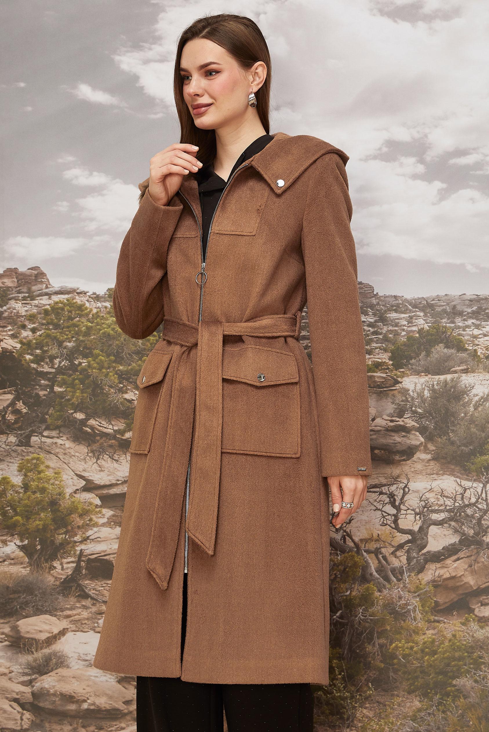 Hijab clothing BROWN BELTED HOODED CACHE COAT 90628