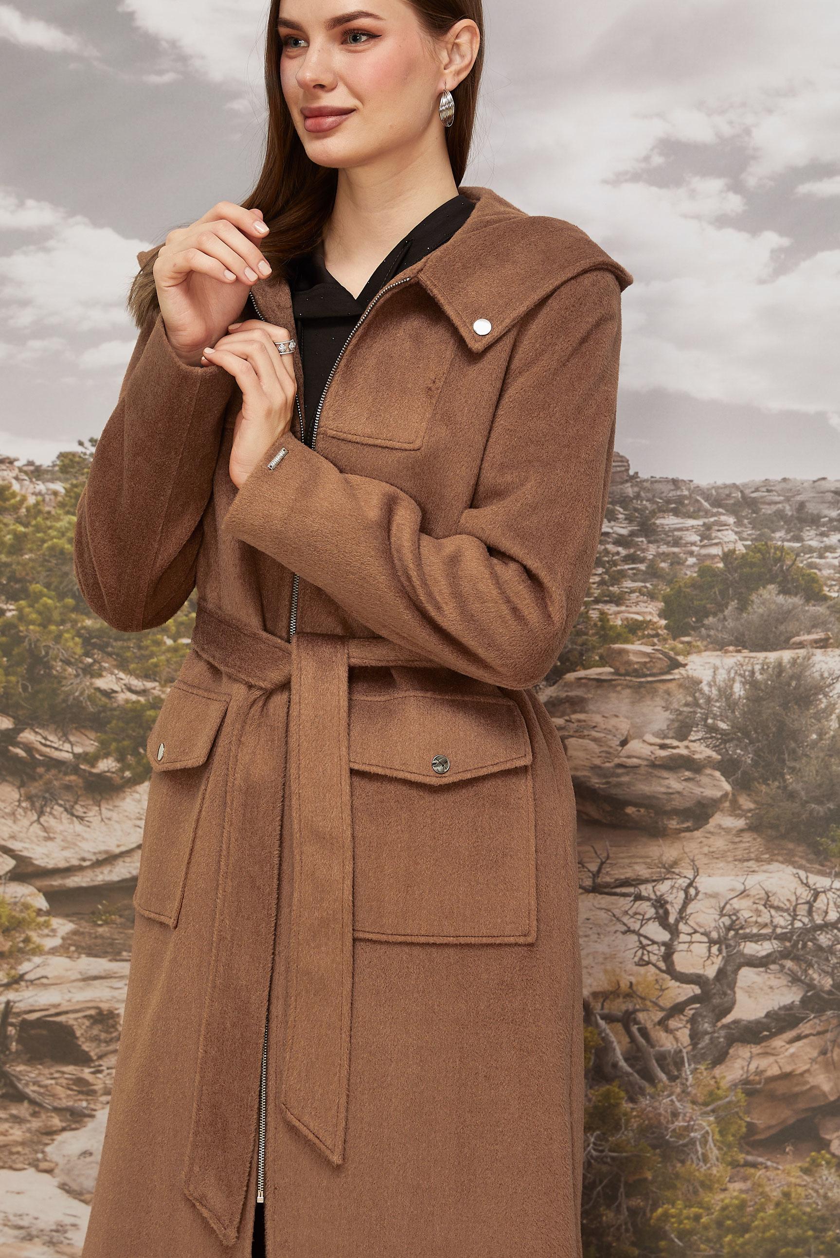 Hijab clothing BROWN BELTED HOODED CACHE COAT 90628