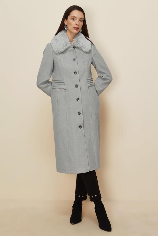 Tesettür giyim GRİ KÜRK YAKALI KAŞE KABAN 90629 - ALVİNA