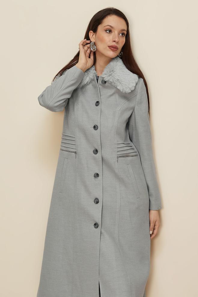 Tesettür giyim GRİ KÜRK YAKALI KAŞE KABAN 90629 - ALVİNA