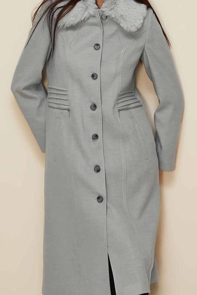 Tesettür giyim GRİ KÜRK YAKALI KAŞE KABAN 90629 - ALVİNA