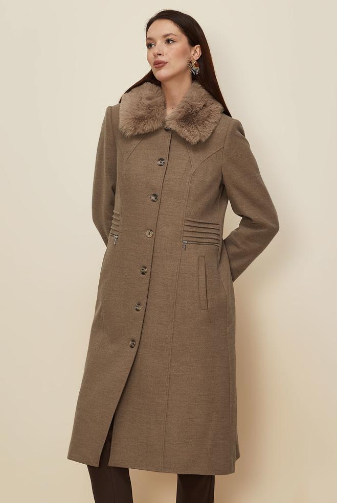 Tesettür giyim KAHVE KÜRK YAKALI KAŞE KABAN 90629 - ALVİNA