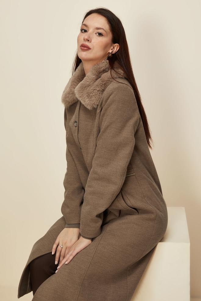 Tesettür giyim KAHVE KÜRK YAKALI KAŞE KABAN 90629 - ALVİNA