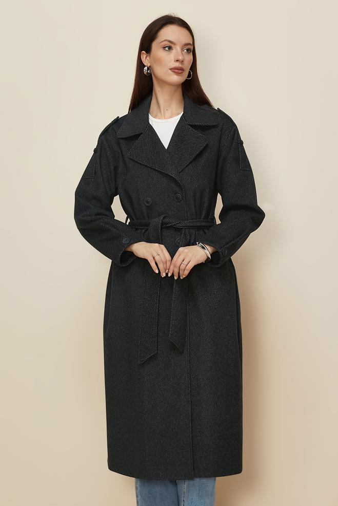 Tesettür giyim SİYAH KUŞAKLI KAŞE KABAN 90630 - ALVİNA