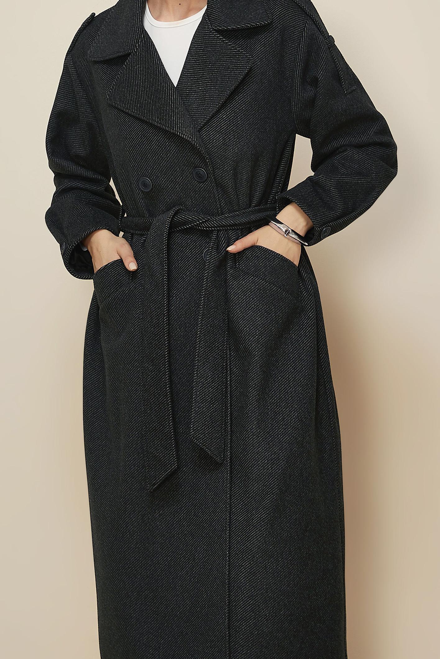 Tesettür giyim SİYAH KUŞAKLI KAŞE KABAN 90630